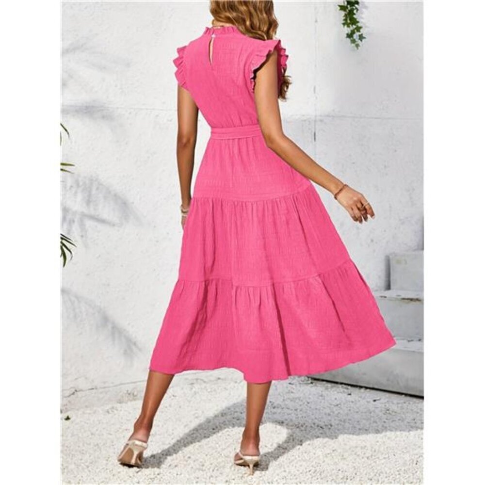 Frill Mock Neck Ruffled Cap Sleeve Midi Dress - Picture 14 of 15
